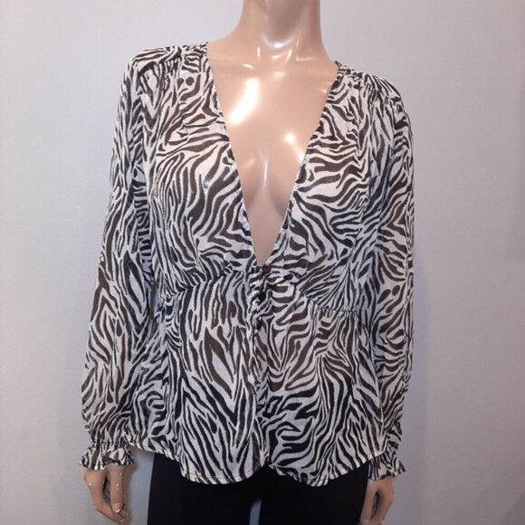 Cream Zebra Print Blouse Long Sleeve Sheer Plunging Vneck Flowy Buttoned Front - Picture 15 of 15